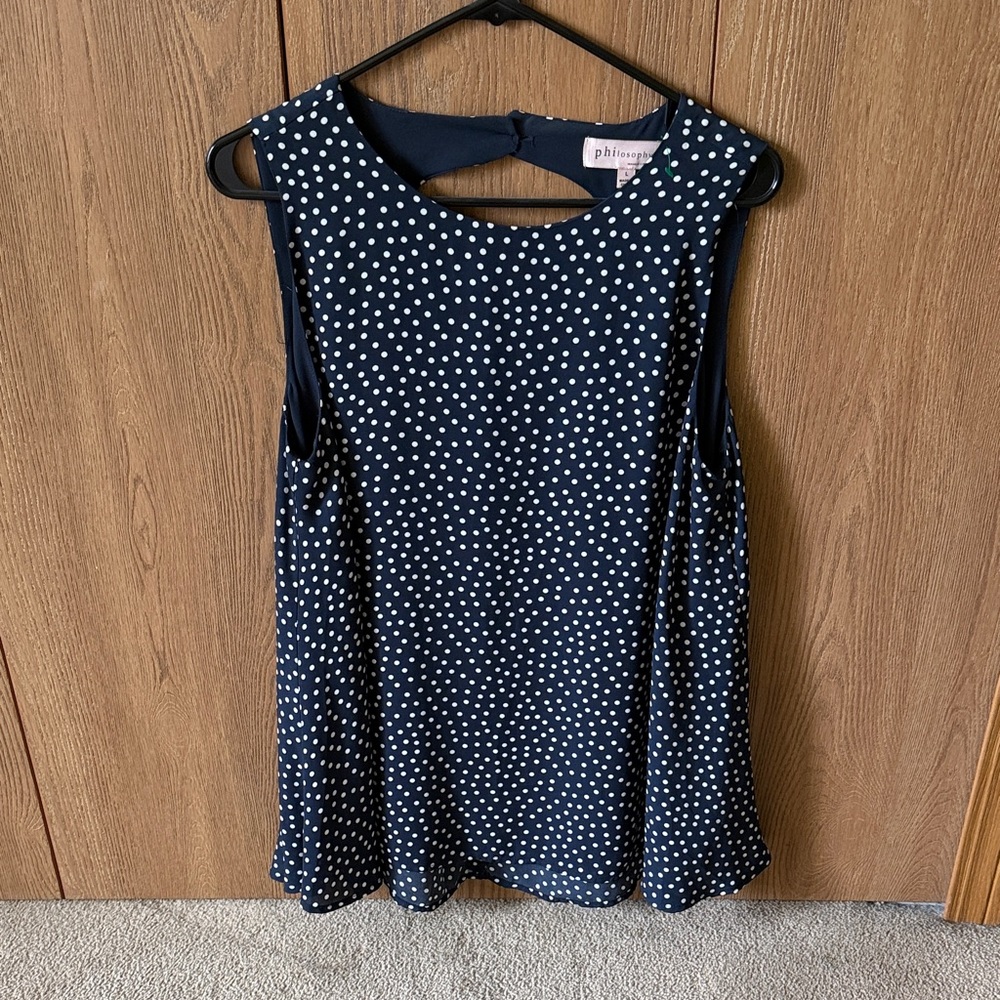 Philosophy Navy and White Polka Dot Sleeveless Top
